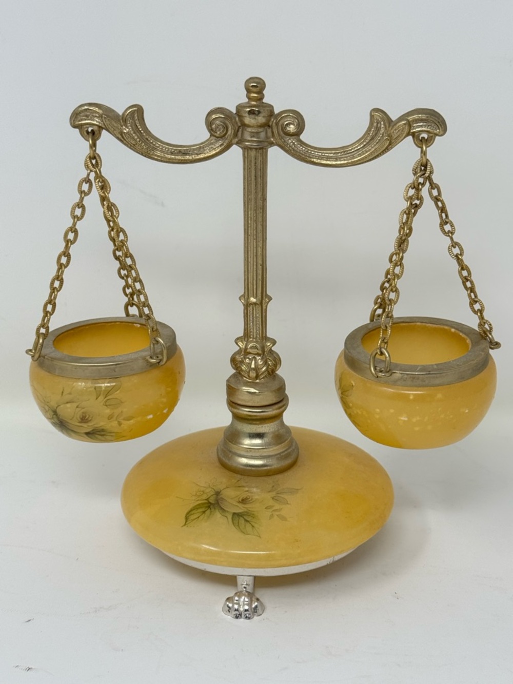 Vintage Decorative Balance Scale with Yellow Floral Glass Bowls alabaster brass